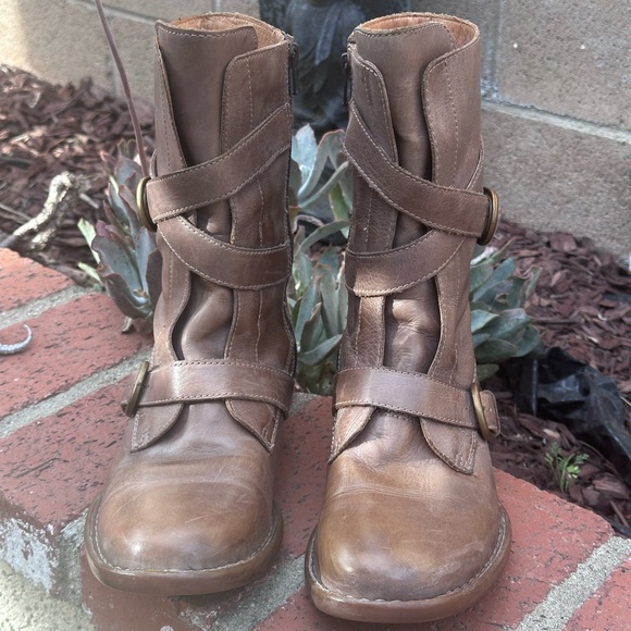 Born Leather Moto Ankle Boots Brown 8.5 | Crisscross Strap Buckle | Boho Western - Picture 1 of 15